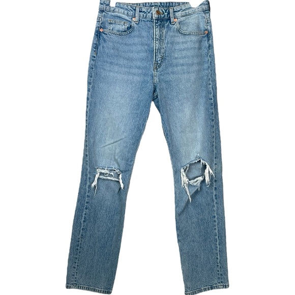H&M &DENIM Blue Distressed Light Wash High Waisted Vintage Straight Leg Jeans 8 - Picture 2 of 6